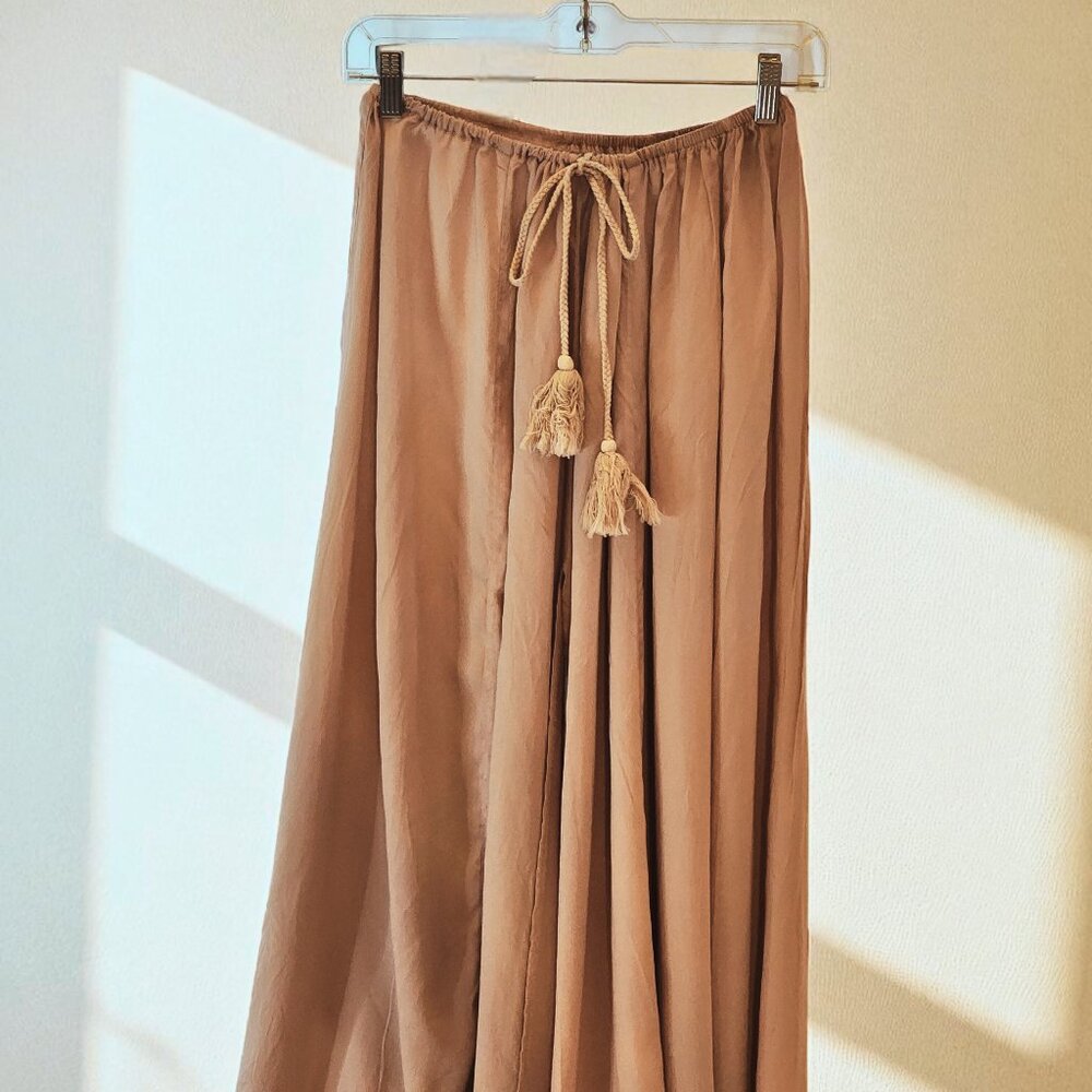 Hello Molly Boho Maxi Skirt XS US 2 Beige Tan Tassel Tie Waist Flowy